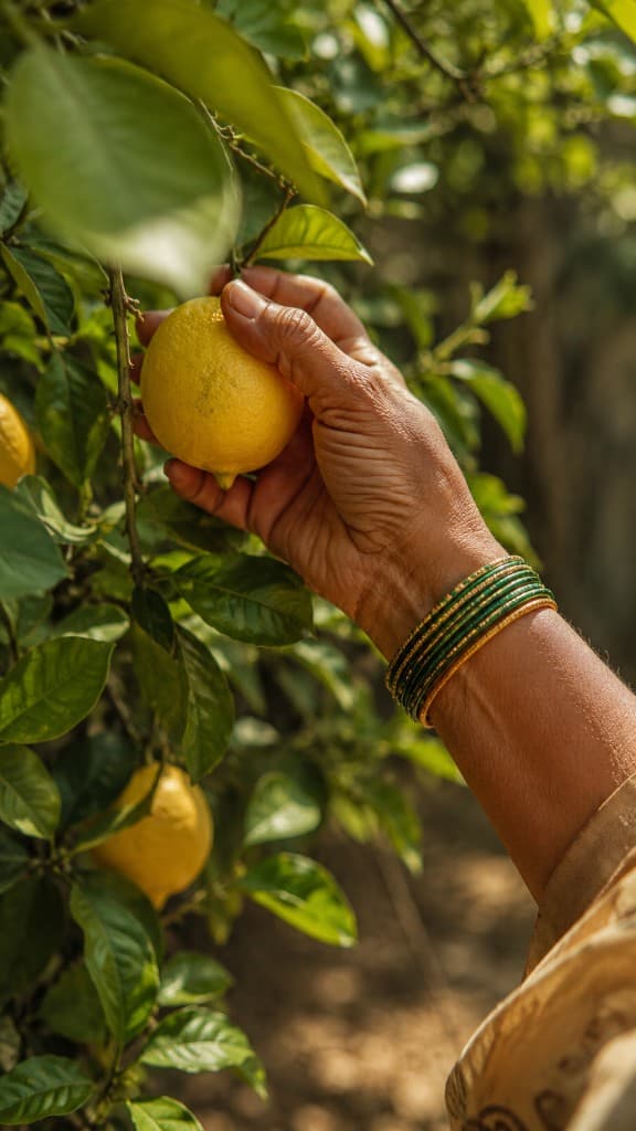 A hand gently picking a ripe lemon from the tree on the family farm