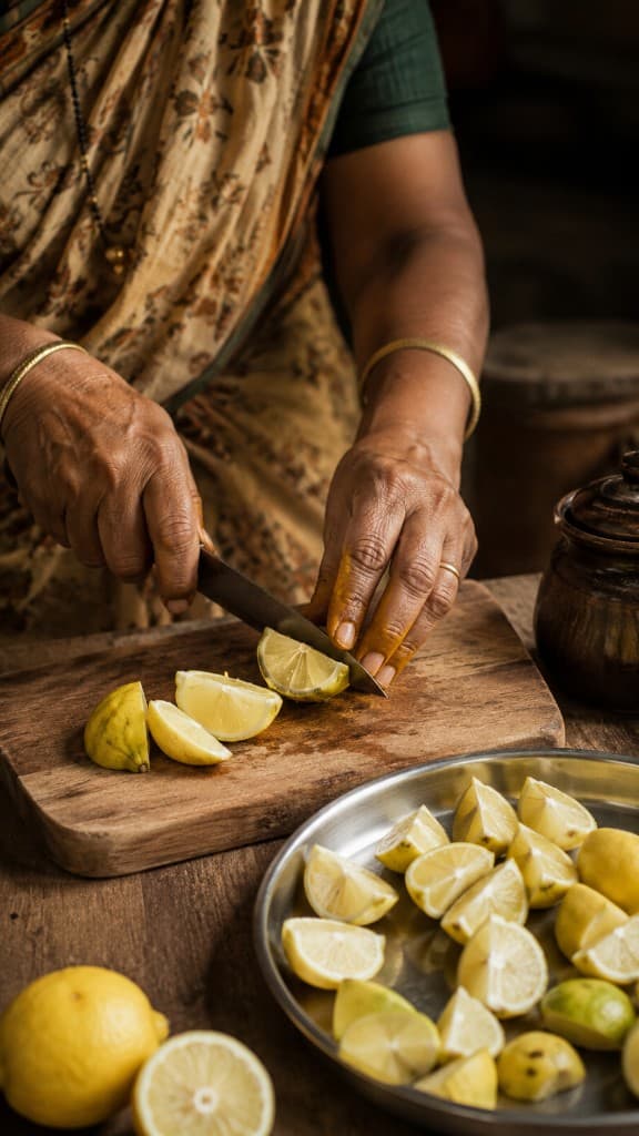 Aai's hands cutting lemons into wedges on a wooden board