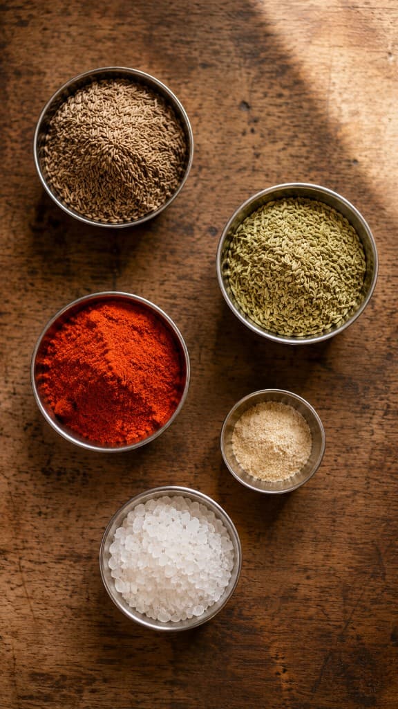 Bowls of cumin, fennel, red chilli, hing and salt on a wooden table