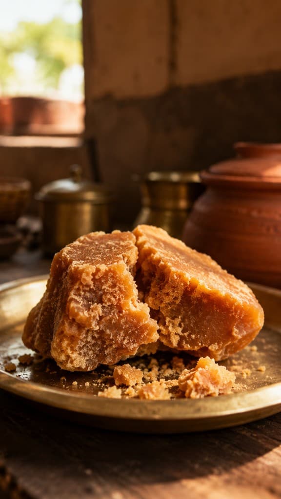 A broken block of golden jaggery on a brass plate